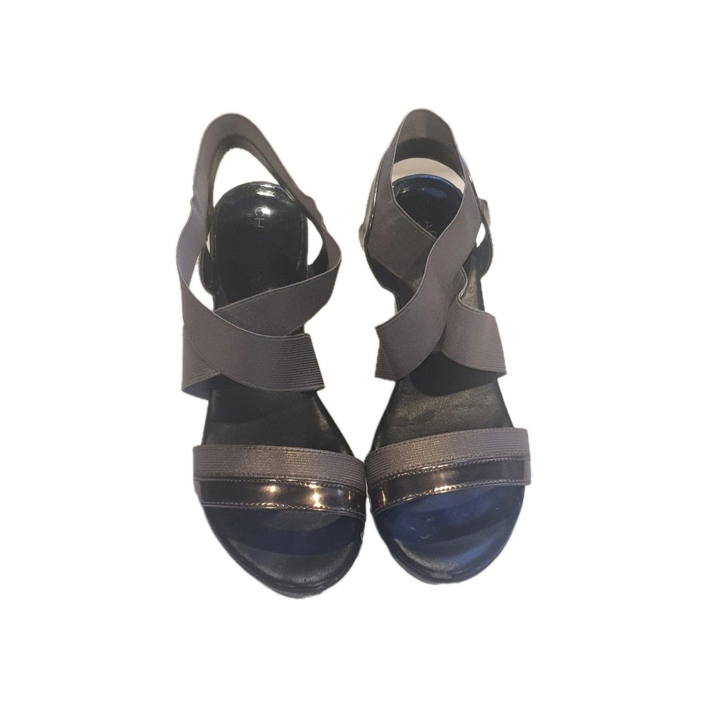 Charles David Grey Black Wedge Heel Sandals Elastic Straps Pewter 10 inches‎